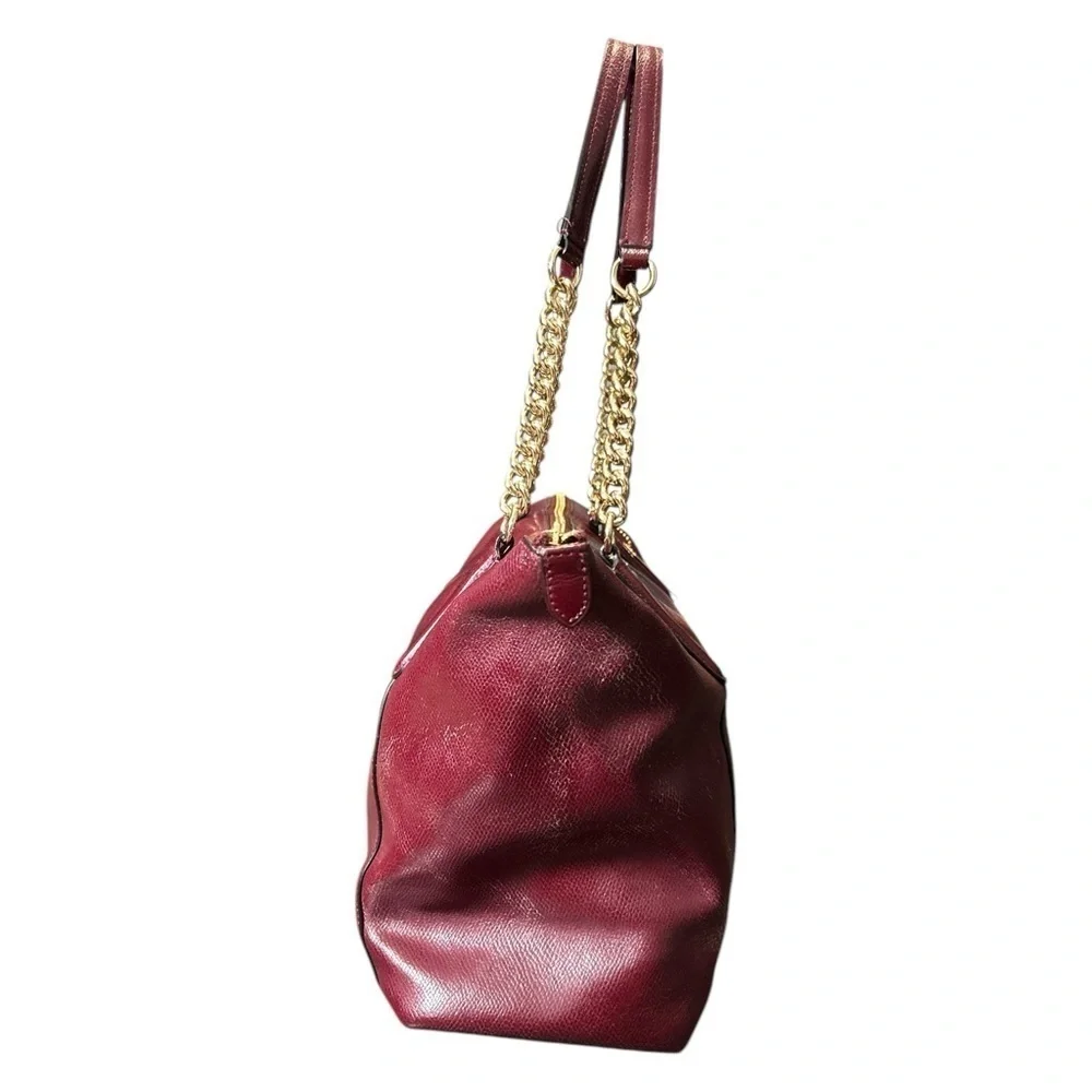 Coach Ava Bordeaux Red Pebbled Leather Tote Shoulder Bag Purse Chain Handle